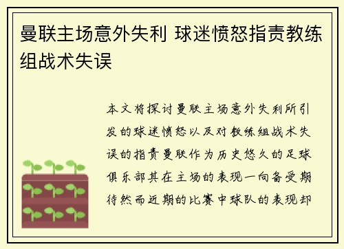 曼联主场意外失利 球迷愤怒指责教练组战术失误