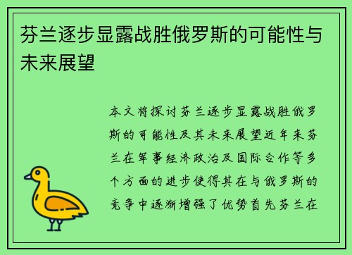 芬兰逐步显露战胜俄罗斯的可能性与未来展望
