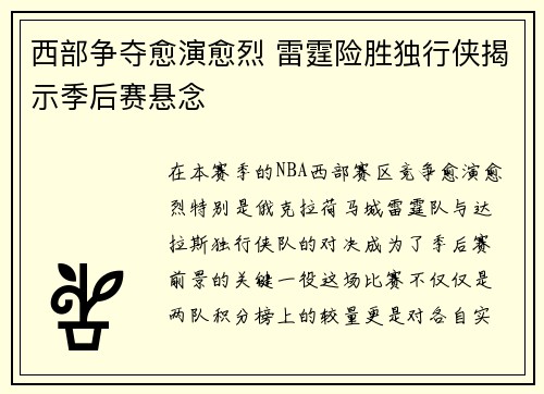 西部争夺愈演愈烈 雷霆险胜独行侠揭示季后赛悬念