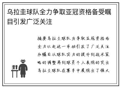 乌拉圭球队全力争取亚冠资格备受瞩目引发广泛关注