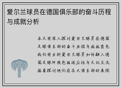 爱尔兰球员在德国俱乐部的奋斗历程与成就分析