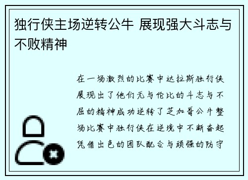 独行侠主场逆转公牛 展现强大斗志与不败精神