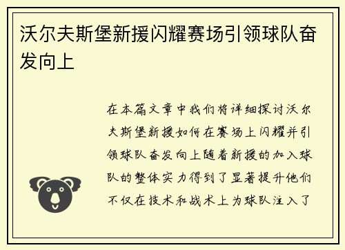 沃尔夫斯堡新援闪耀赛场引领球队奋发向上