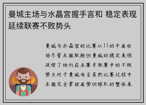曼城主场与水晶宫握手言和 稳定表现延续联赛不败势头