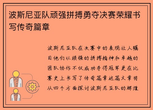 波斯尼亚队顽强拼搏勇夺决赛荣耀书写传奇篇章
