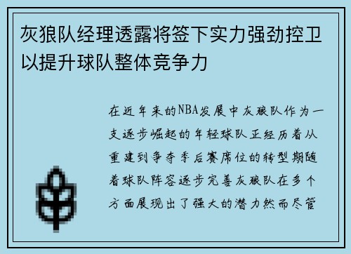 灰狼队经理透露将签下实力强劲控卫以提升球队整体竞争力