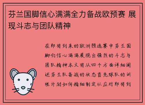 芬兰国脚信心满满全力备战欧预赛 展现斗志与团队精神
