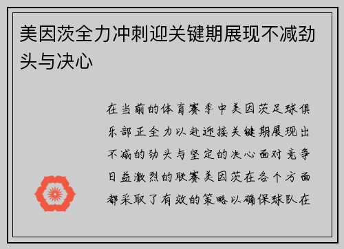 美因茨全力冲刺迎关键期展现不减劲头与决心