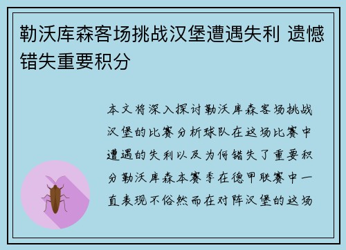 勒沃库森客场挑战汉堡遭遇失利 遗憾错失重要积分