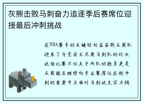 灰熊击败马刺奋力追逐季后赛席位迎接最后冲刺挑战