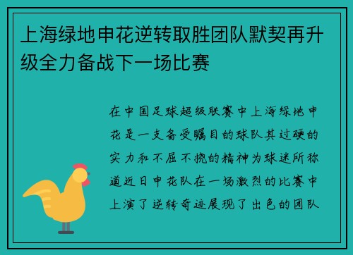 上海绿地申花逆转取胜团队默契再升级全力备战下一场比赛
