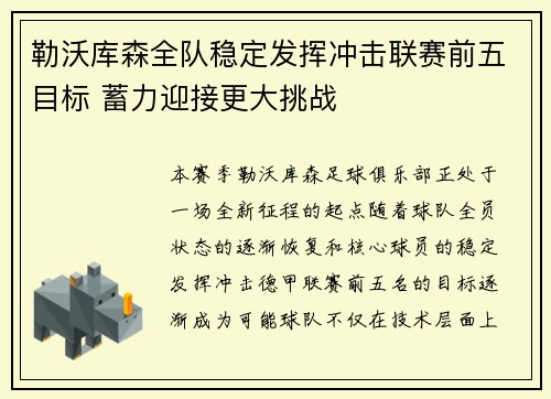 勒沃库森全队稳定发挥冲击联赛前五目标 蓄力迎接更大挑战