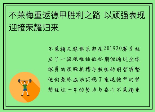 不莱梅重返德甲胜利之路 以顽强表现迎接荣耀归来