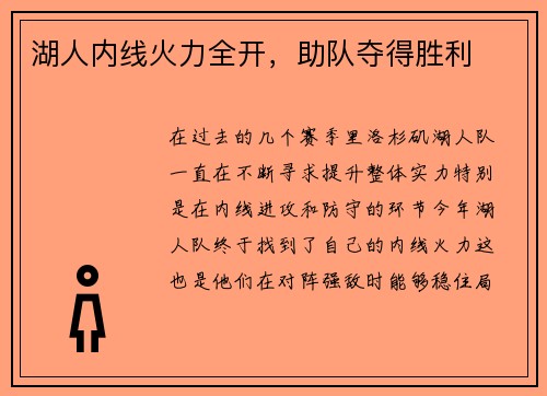 湖人内线火力全开，助队夺得胜利