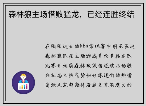 森林狼主场惜败猛龙，已经连胜终结