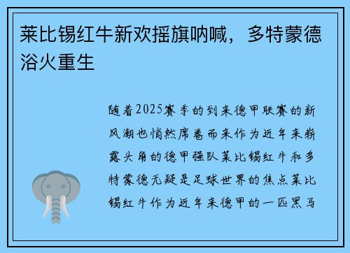 莱比锡红牛新欢摇旗呐喊，多特蒙德浴火重生