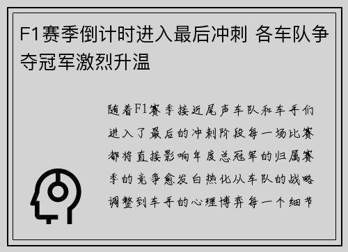 F1赛季倒计时进入最后冲刺 各车队争夺冠军激烈升温