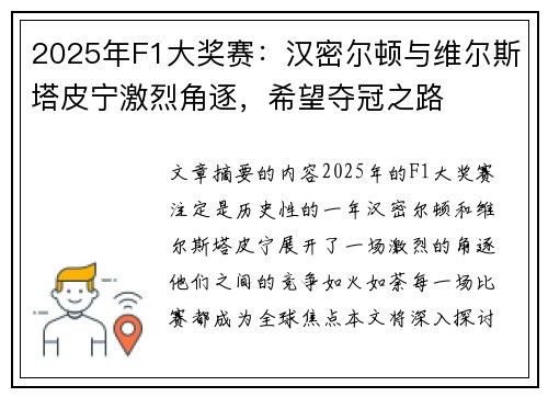 2025年F1大奖赛：汉密尔顿与维尔斯塔皮宁激烈角逐，希望夺冠之路
